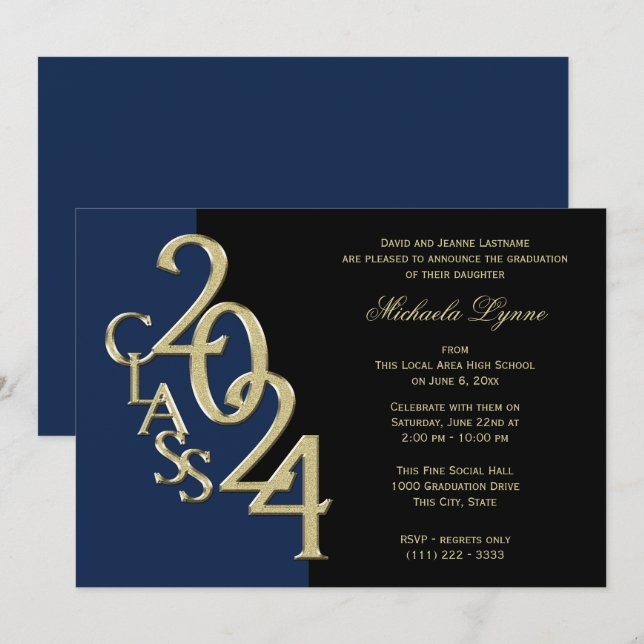 Class of 2024 Grad Gold with Colour Option  Invitation (Front/Back)