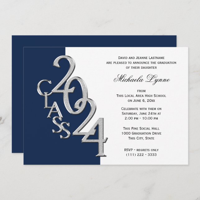 Class of 2024 Grad Silver and Navy Blue Invitation (Front/Back)