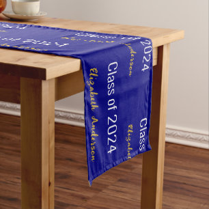 Class of 2024 Grads Full Name Navy Blue White Gold Short Table Runner