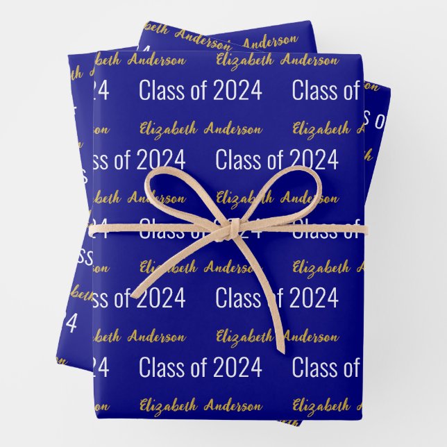 Class of 2024 Grads Full Name Navy Blue White Gold Wrapping Paper Sheet (In situ)
