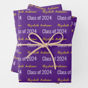 Class of 2024 Grads Full Name Purple White Gold Wrapping Paper Sheet