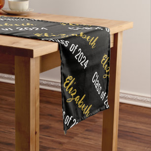 Class of 2024 Grad's Name Black White Gold Script Short Table Runner