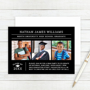 Class of 2024 Graduate Black 3 Photo Graduation Invitation