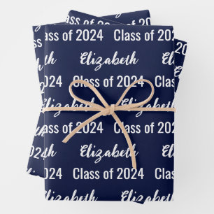Class of 2024 Graduate Name Dark Blue and White Wrapping Paper Sheet