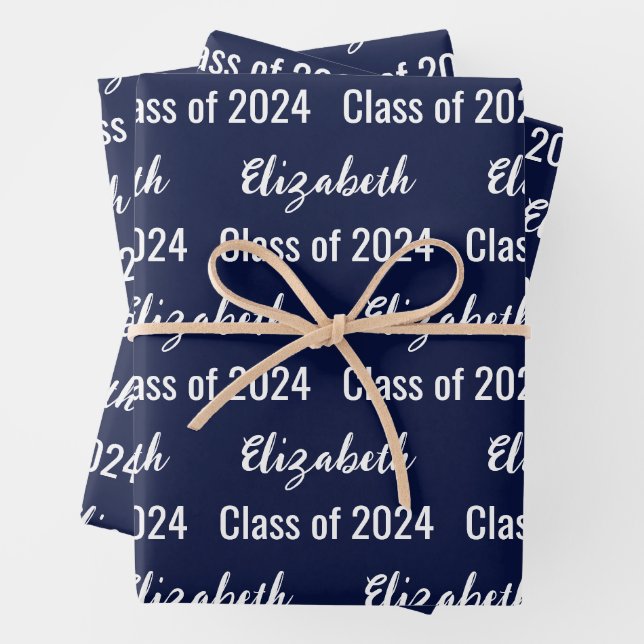 Class of 2024 Graduate Name Dark Blue and White Wrapping Paper Sheet (In situ)
