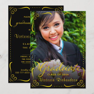Class of 2024 Graduate Photo Black Gold Graduation Invitation