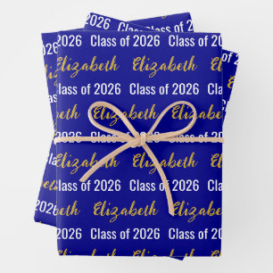 Class of 2024 Graduate's Name Dark Blue White Gold Wrapping Paper Sheet