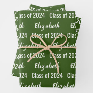 Class of 2024 Graduate's Name Dark Green and White Wrapping Paper Sheet