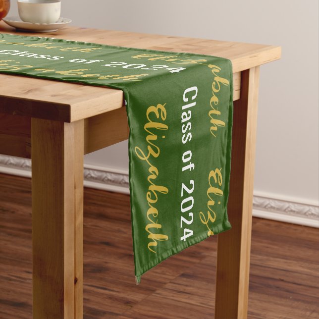 Class of 2024 Graduate's Name Dark GreenWhite Gold Short Table Runner (In Situ)