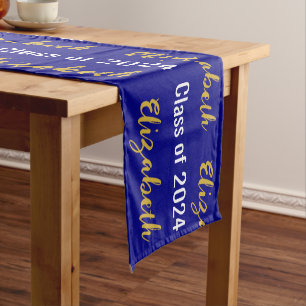 Class of 2024 Graduate's Name Navy Blue White Gold Short Table Runner