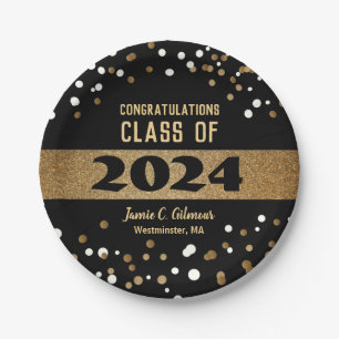Class of 2024 Graduation gold black white confetti Paper Plate
