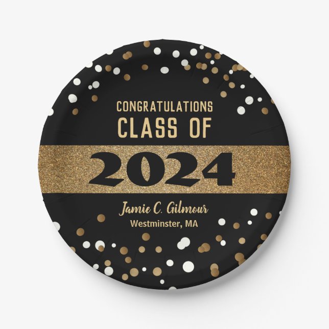 Class of 2024 Graduation gold black white confetti Paper Plate (Front)