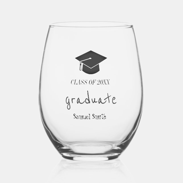 Class of 2024 Handwriting Cap & Tassel Graduation  Stemless Wine Glass (Front)