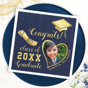 Class of 2024 Navy Blue and Gold Graduation Photo Napkin