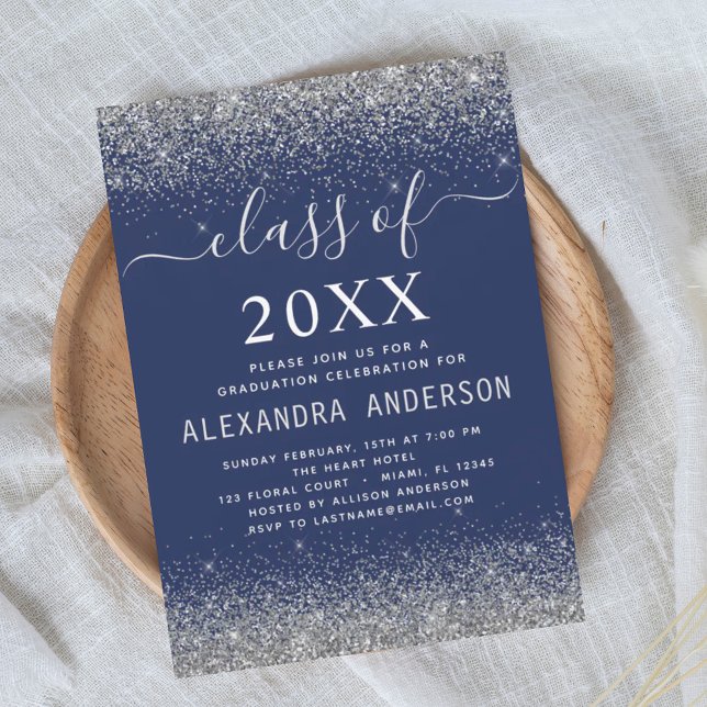 Class of 2024 Navy Blue Silver Graduation Party Invitation (Creator Uploaded)