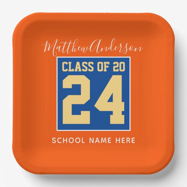Class of 2024 Orange Blue & Gold Graduation Party Paper Plate (Front)