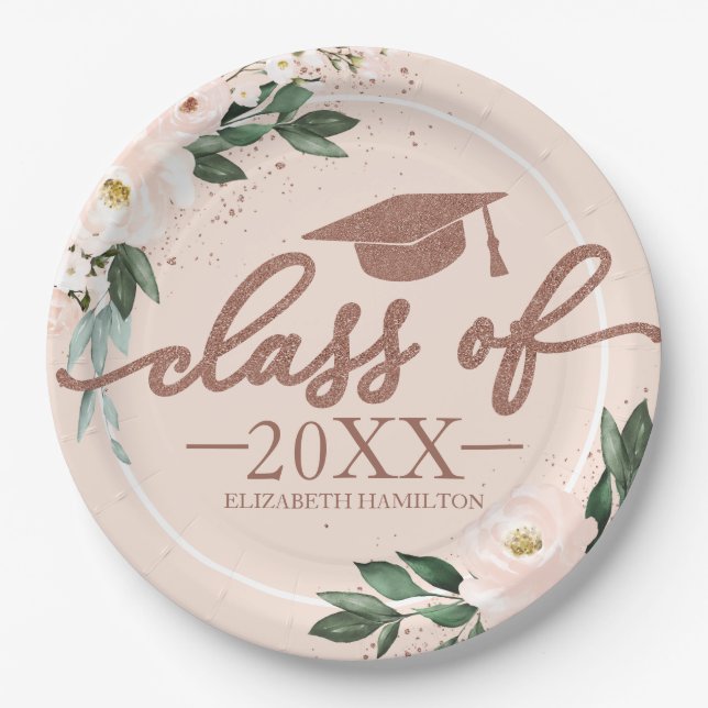 Class Of 2024 Pink Blush Floral Graduation Party Paper Plate (Front)