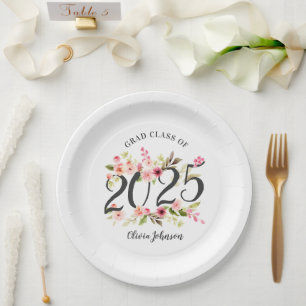 Class of 2024 Pink Watercolor Flowers Graduation Paper Plate