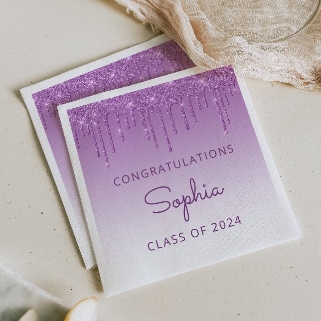 Class of 2024 Purple Glitter Drip Graduation Napkin (Creator Uploaded)