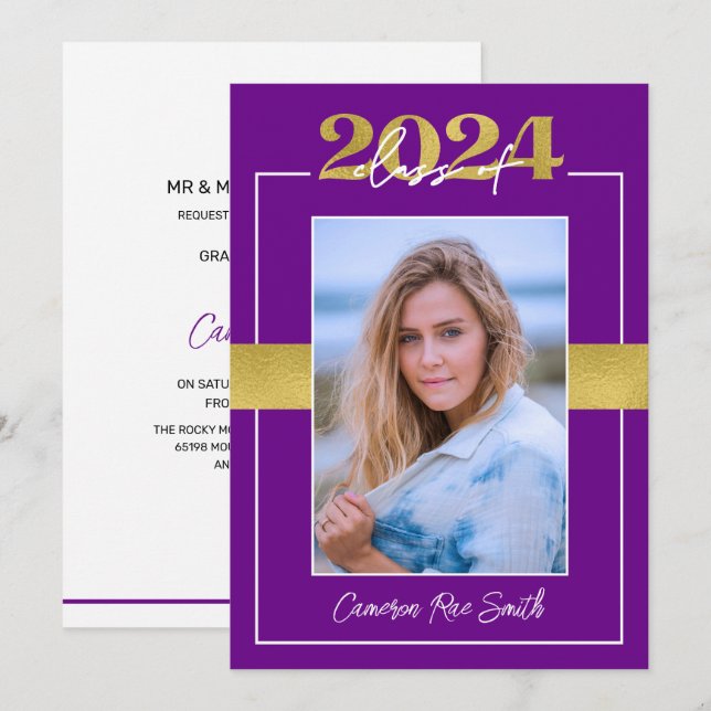 Class of 2024 Purple & Gold Graduation Party Invitation (Front/Back)