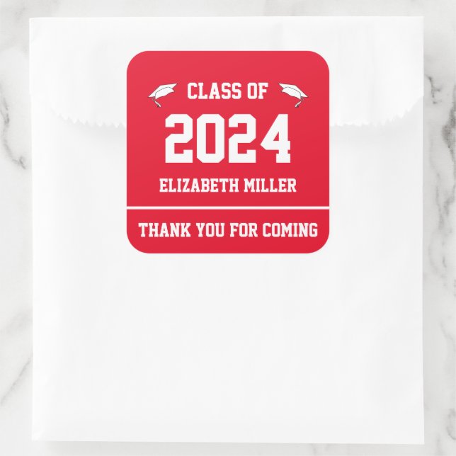 Class of 2024 Red and White Graduation Favour Square Sticker (Bag)