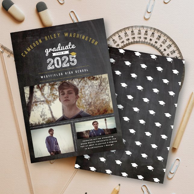 Class Of 2024 Retro Chalkboard 3 Photo Graduation Invitation (Class Of 2025 Retro Black Chalkboard, Bold Gold & White Sketch 3 Photo Graduation Announcement Card)