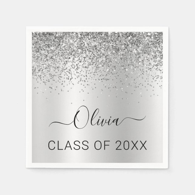 Class of 2024 Silver Black Glitter Graduate Napkin (Front)