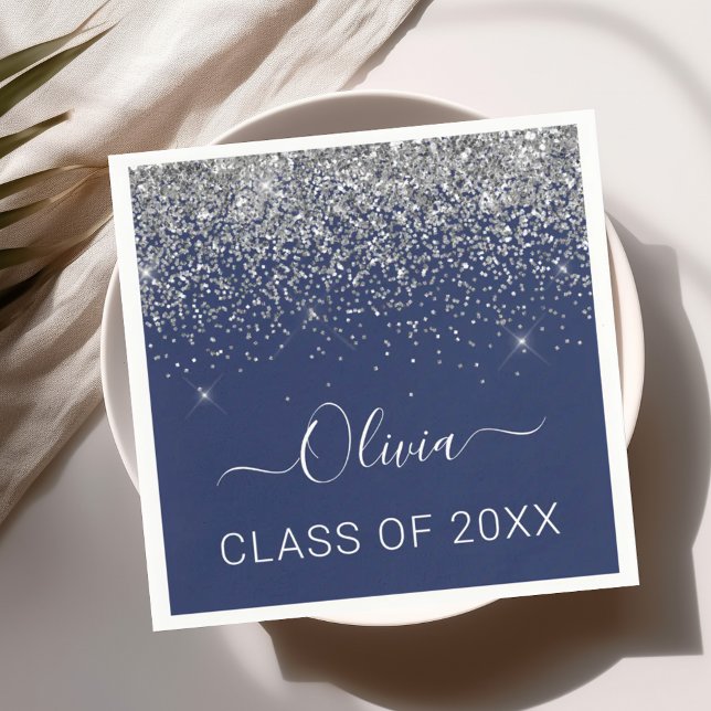 Class of 2024 Silver Navy Blue Glitter Graduate Napkin (Creator Uploaded)