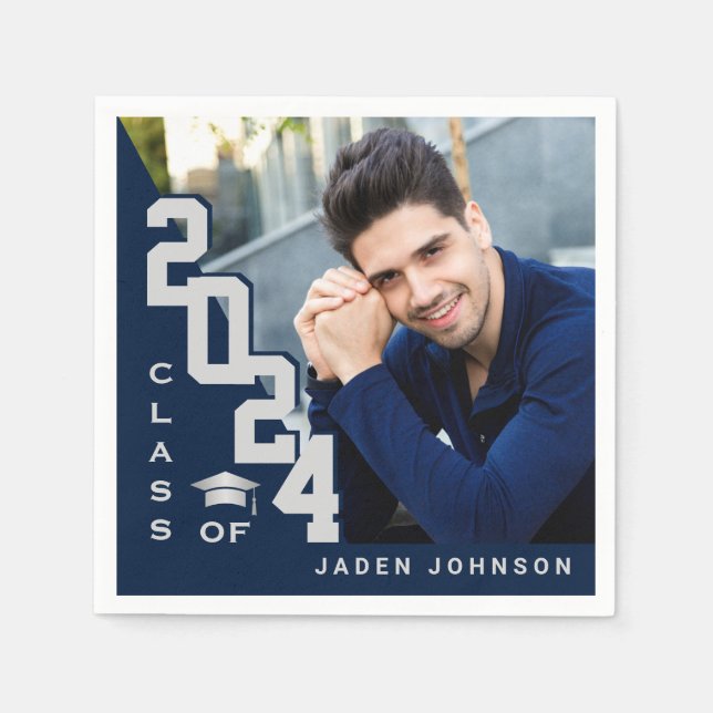 Class of 2024 Silver Navy PHOTO Graduation Party Napkin (Front)