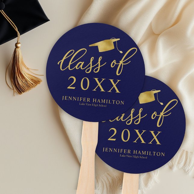 Class Of 2024 Simple Elegant Gold Blue Graduation Hand Fan (Creator Uploaded)