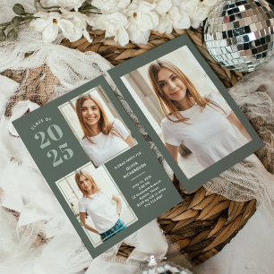 Class of 2024   Three Photo Moss Green Grad Party Invitation