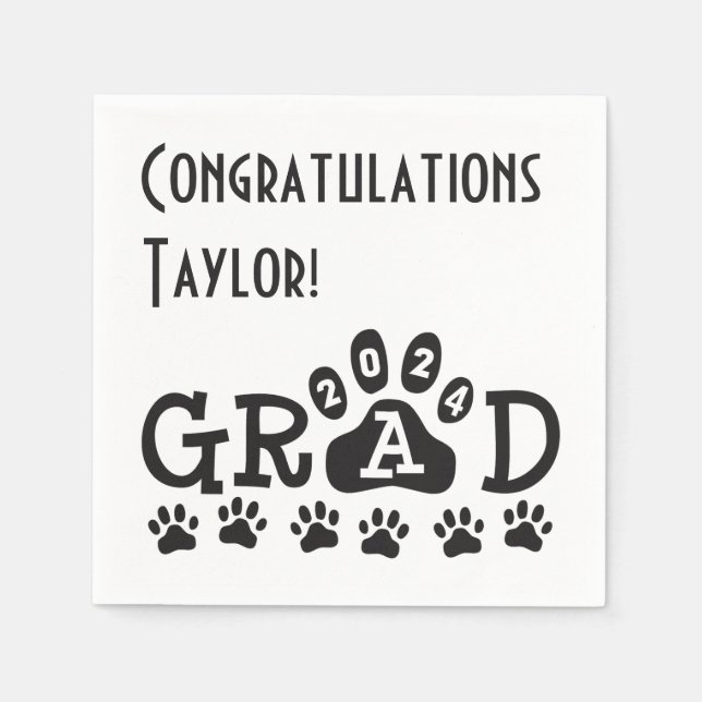 class of 2024 white black grad paw prints napkin (Front)