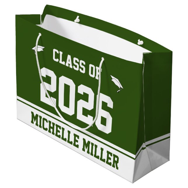 Class of 2025 and Name on Forest Green and White Large Gift Bag (Back Angled)