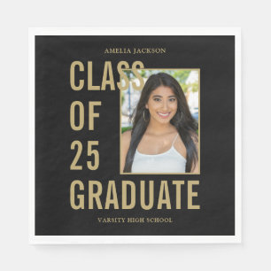 Class Of 2025 Black & Gold Photo Graduation Paper Napkin