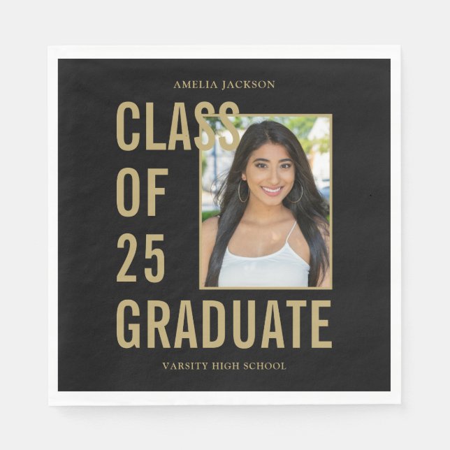 Class Of 2025 Black & Gold Photo Graduation Paper Napkin (Front)