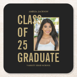 Class Of 2025 Black & Gold Photo Graduation Party Square Paper Coaster