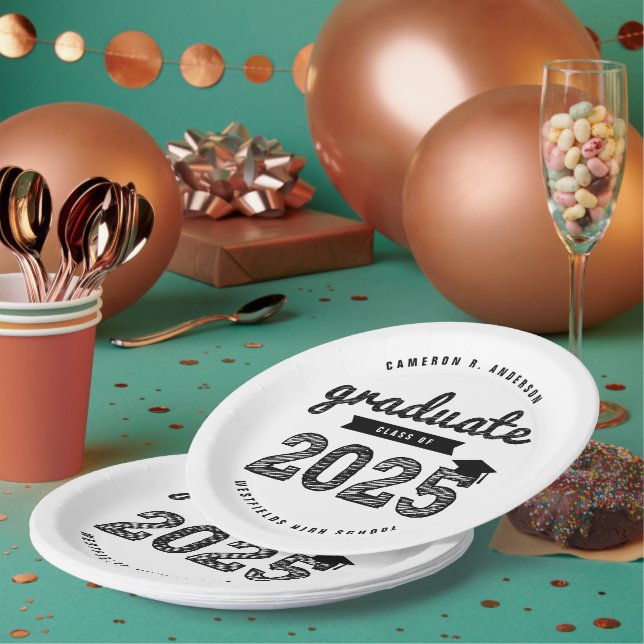 Class Of 2025 Black Sketch Graduation Grad Party Paper Plate (Multi)