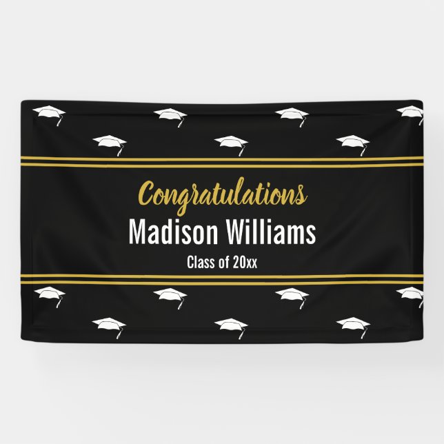 Class of 2025 Black White Gold Graduation Name Banner (Horizontal)