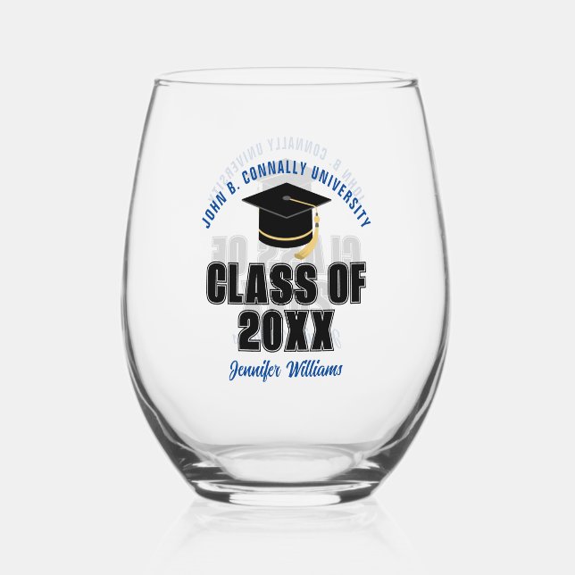Class of 2025 Blue Graduation Custom Graduate Stemless Wine Glass (Front)
