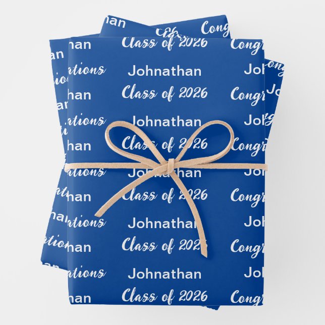 Class of 2025 Blue White Congratulations Grad Name Wrapping Paper Sheet (In situ)