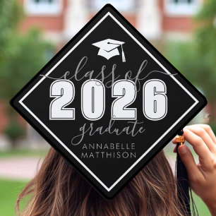 Class Of 2025 Bold Elegant Black White Graduation Cap Topper
