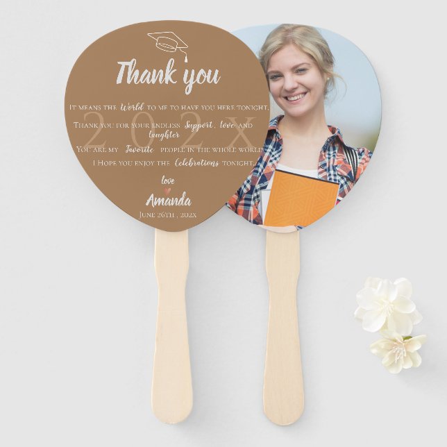 Class of 2025 Brown Photo Graduation Thank You Hand Fan (Front and Back)