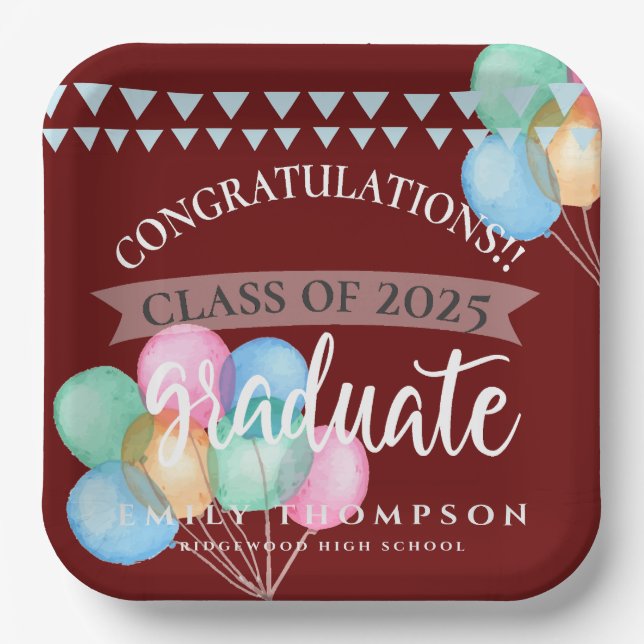 Class of 2025 Celebration Balloon Graduation Party Paper Plate (Front)
