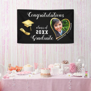 Class of 2025 Custom Photo Black Gold Graduation Banner