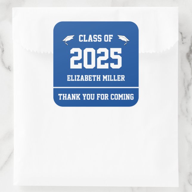 Class of 2025 Deep Blue and White Thank You Favour Square Sticker (Bag)