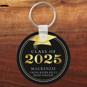 Class of 2025 Elegant Black Gold Personalized Keychain