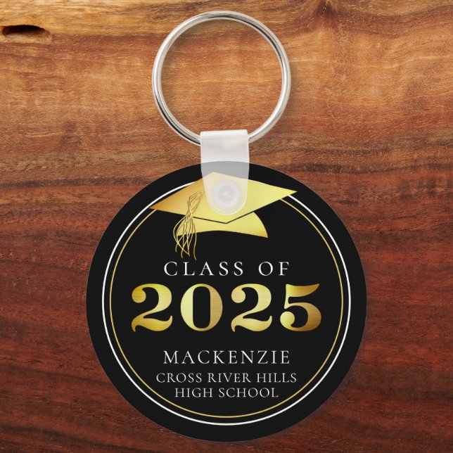 Class of 2025 Elegant Black Gold Personalized Keychain (Front)