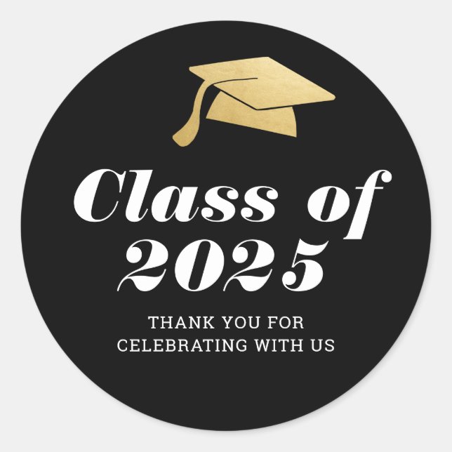 Class of 2025 Elegant Graduate Hat Thank You Black Classic Round Sticker (Front)