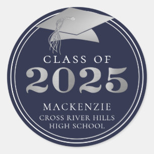 Class of 2025 Elegant Navy Silver Personalized Classic Round Sticker