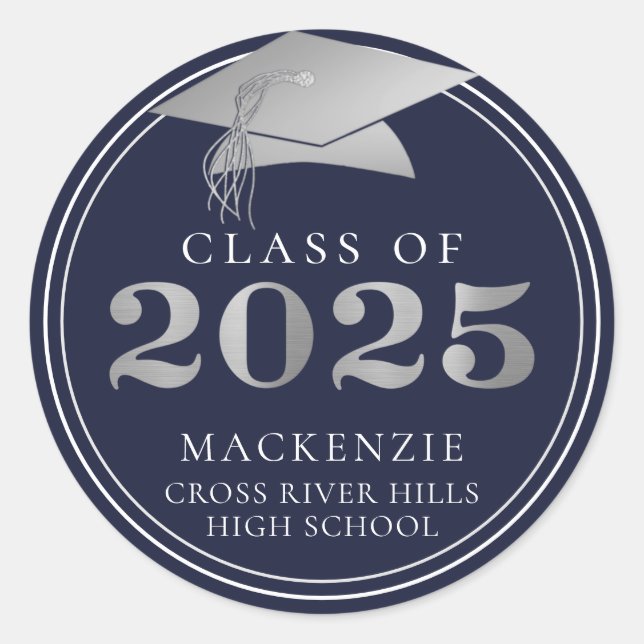 Class of 2025 Elegant Navy Silver Personalized Classic Round Sticker (Front)